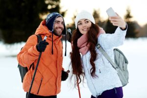 Skiers take a selfie